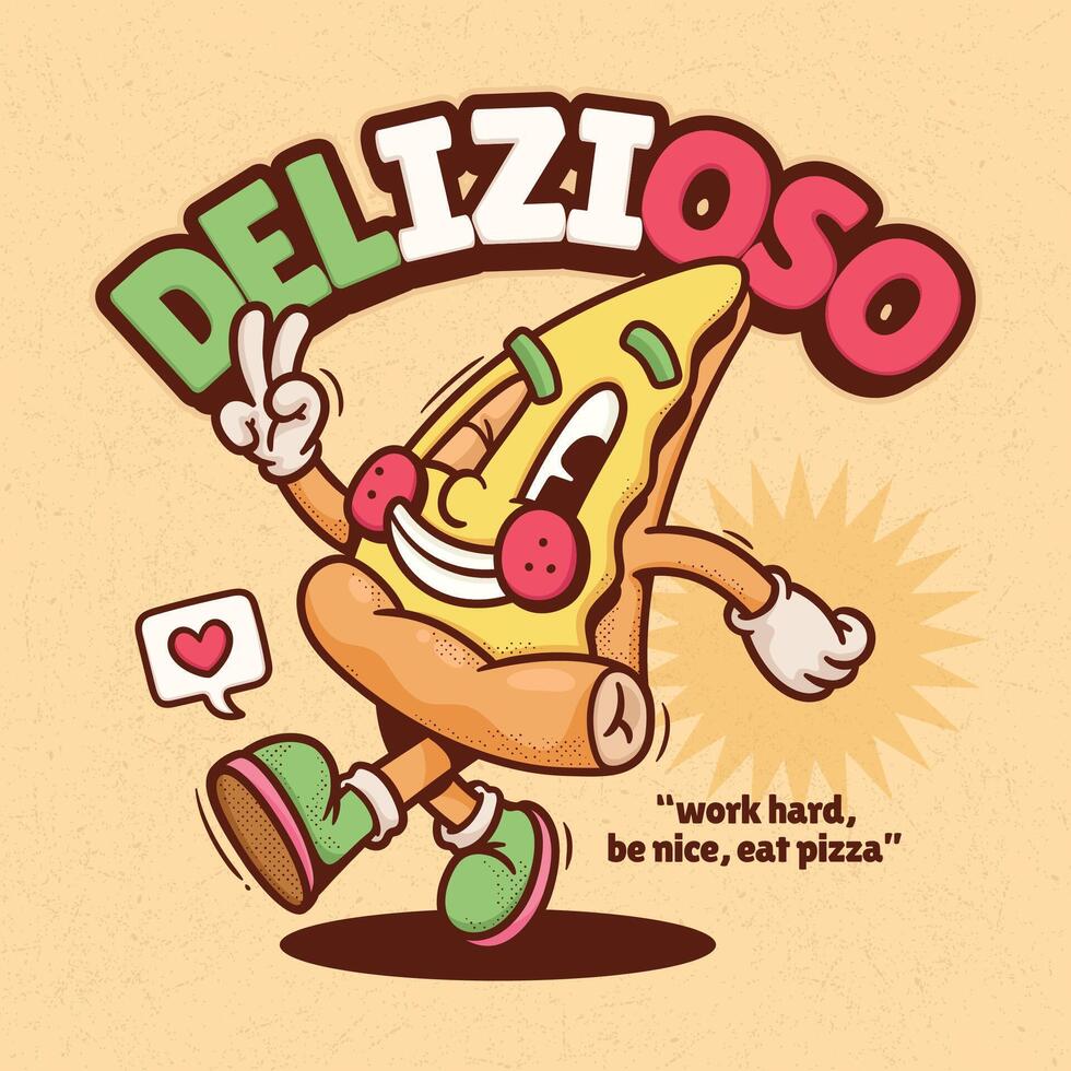 Illustration of pizza with hand drawn lettering in cartoon style. vector