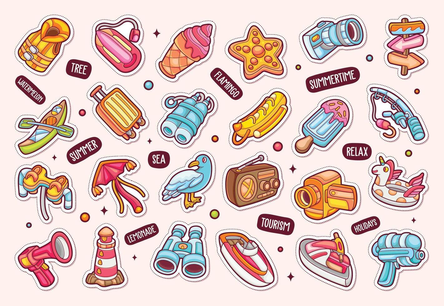 Beach Sticker Icons Hand Drawn Coloring Part 2 vector