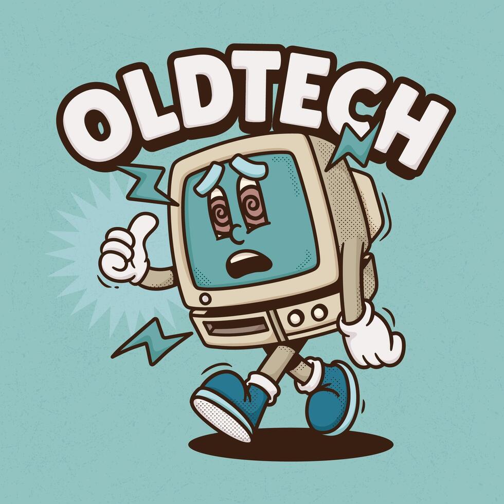 The cute classic computer cartoon character looks like he wants to be reinstalled. vector