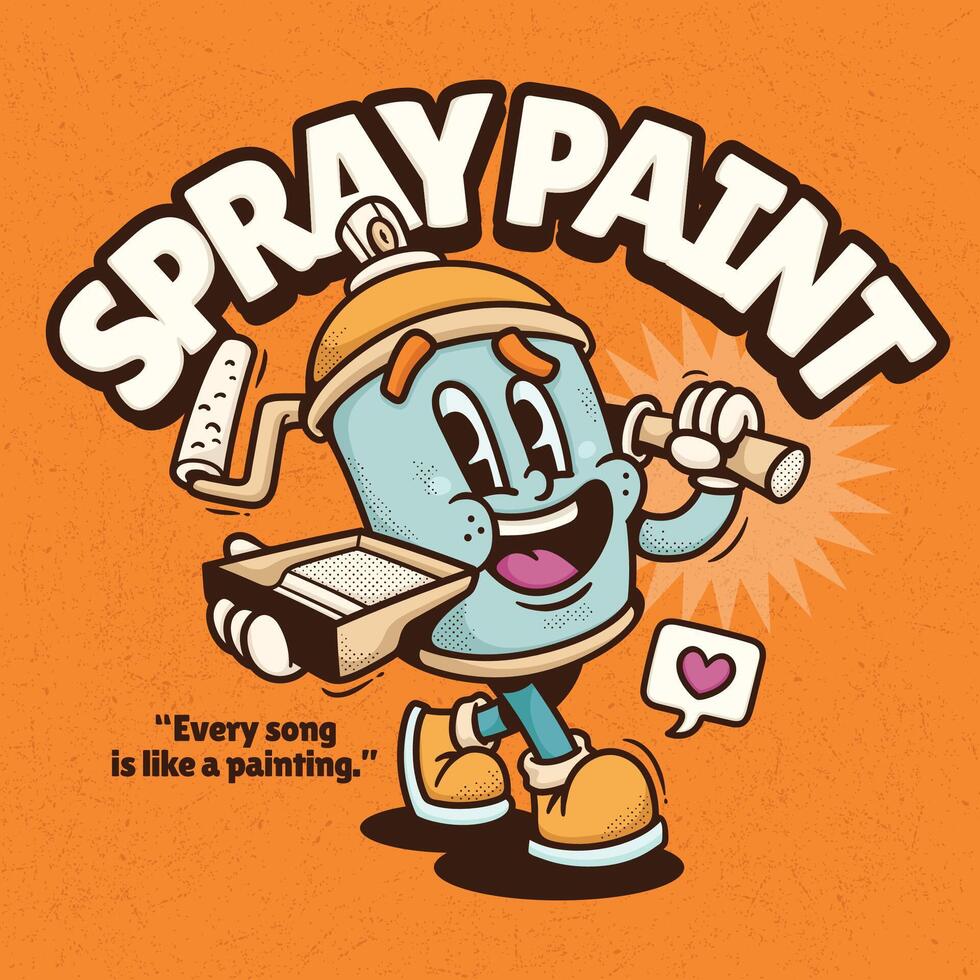 Illustration of a cartoon spray paint holding paint tools on an orange background. vector