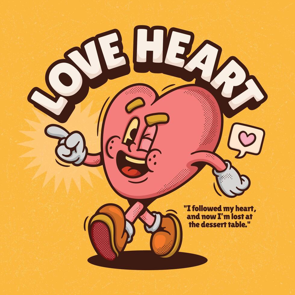 Loving heart cartoon character on orange background. Illustration in retro style. vector