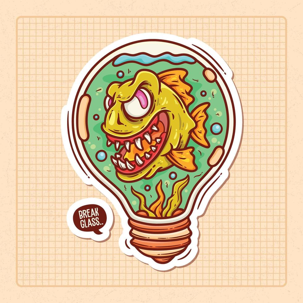 Piranha In A Bulb Hand Drawn Color Doodle Illustration vector
