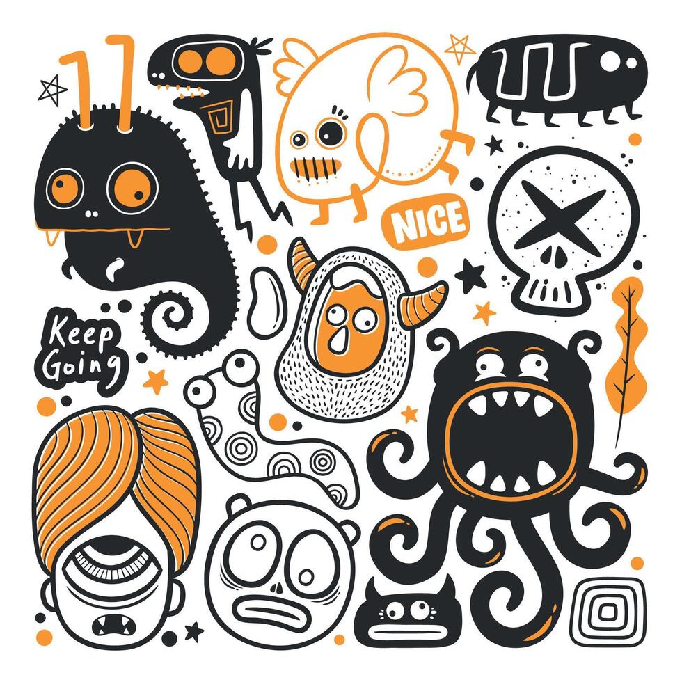 Cool and Expressive Monsters in Cute Doodles vector