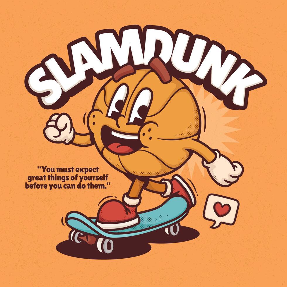 Illustration of a cartoon basketball with skateboard on orange background. vector