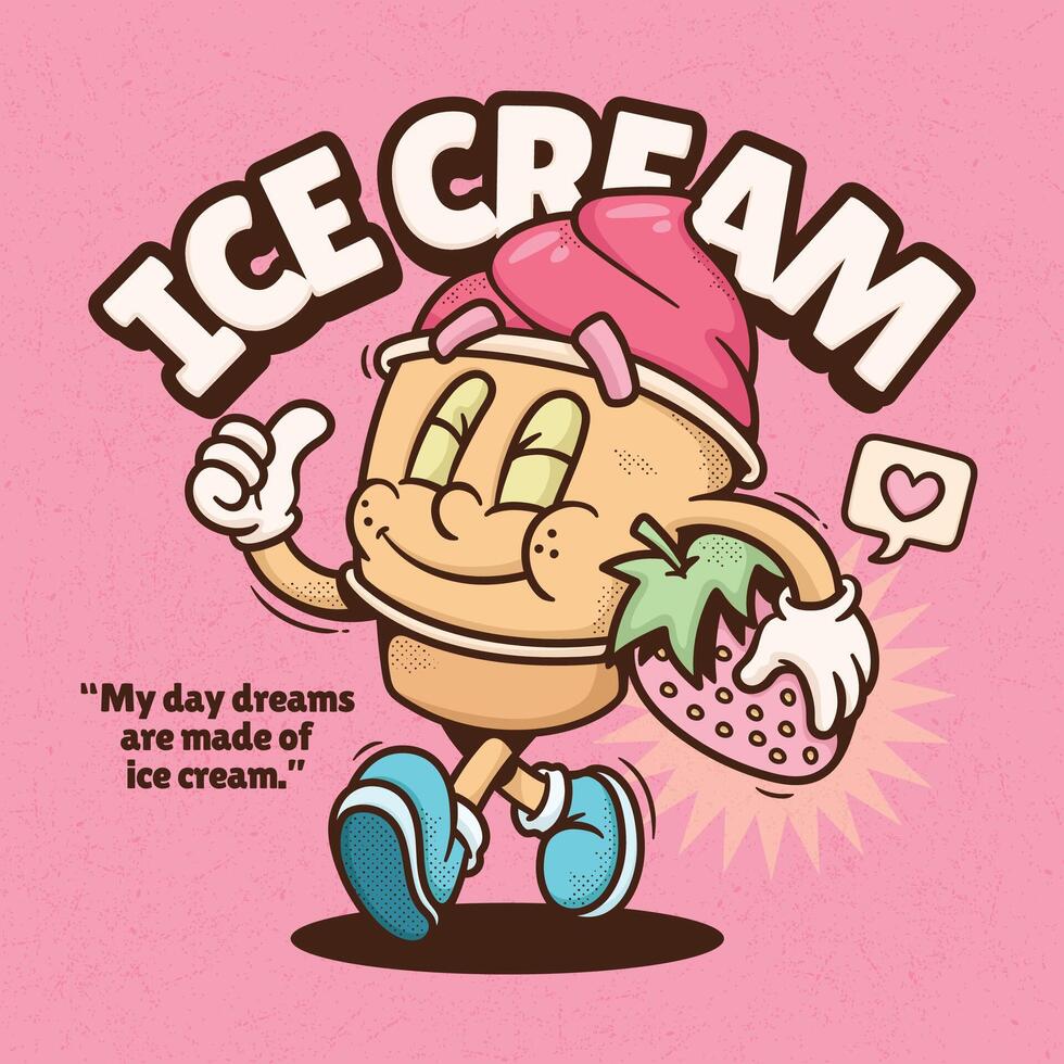 Cute ice cream cartoon character carrying a strawberry with a cheerful heart vector