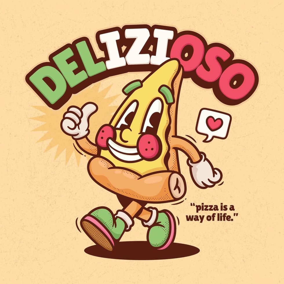 Illustration of a cartoon pizza character in a hurry to eat. vector