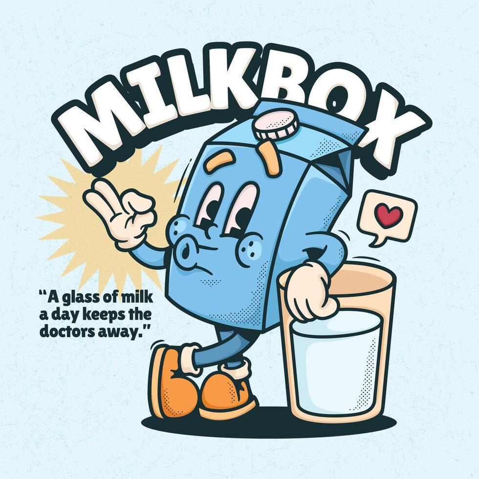 a cute milk carton character is leaning on a glass of milk vector