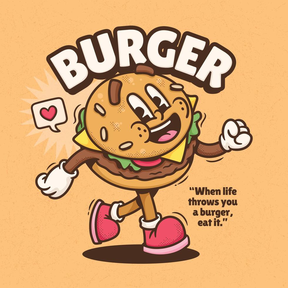 Burger cartoon character illustration in retro comic style. vector