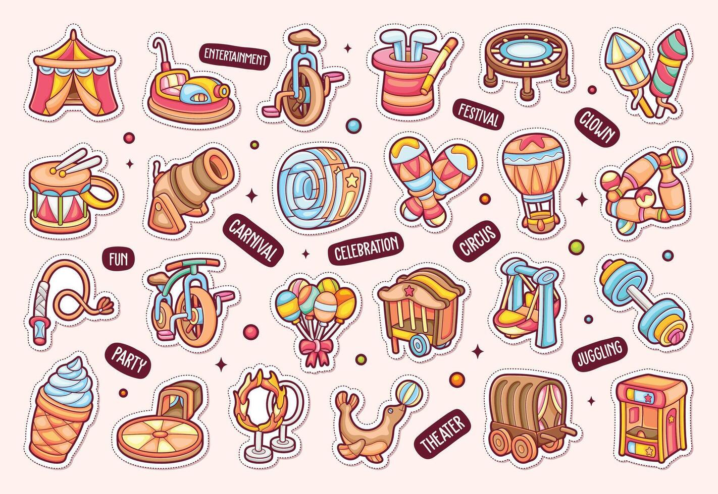 Circus Sticker Icons Hand Drawn Coloring vector