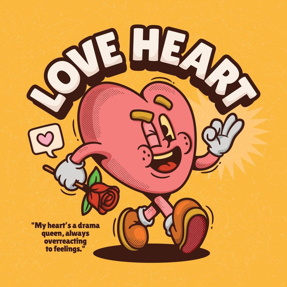 Cute cartoon heart character with love message. Illustration in retro style. vector