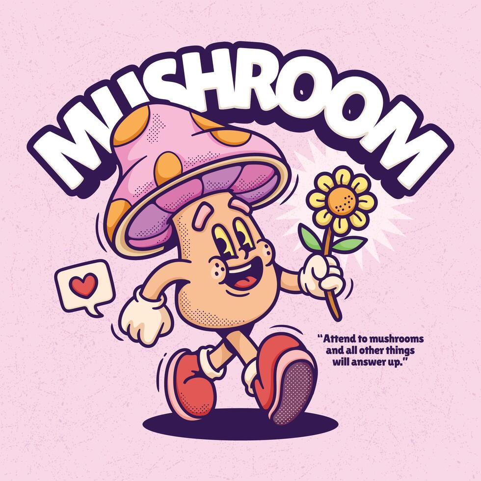 Mushroom boy with a flower in his hand illustration. vector