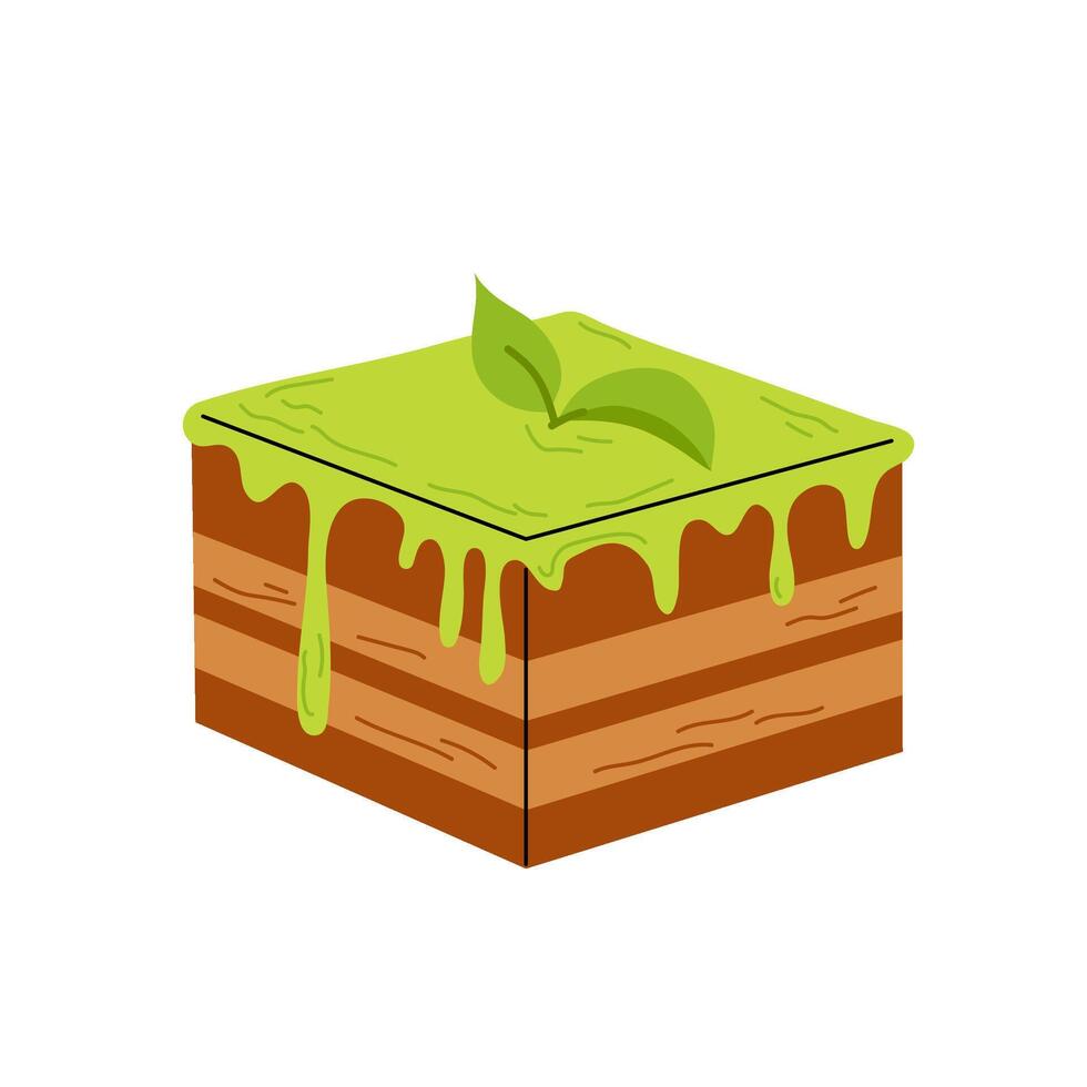 Green dessert, matcha pie made from matcha tea powder. Caramel cake with layering. Flat illustration on white background. vector