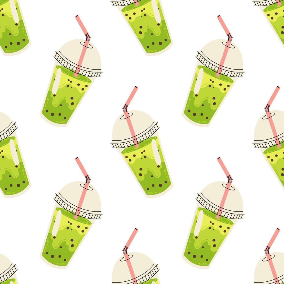 Trendy asian beverage. Plastic cup with matcha bubble tea. Green tea drink. Seamless pattern for textile, wrapping paper, background. vector