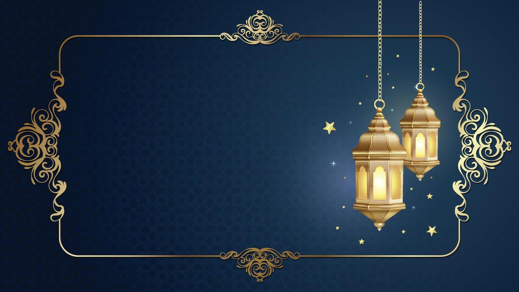 Vintage Blue Islamic Background with Golden Border and Lantern vector