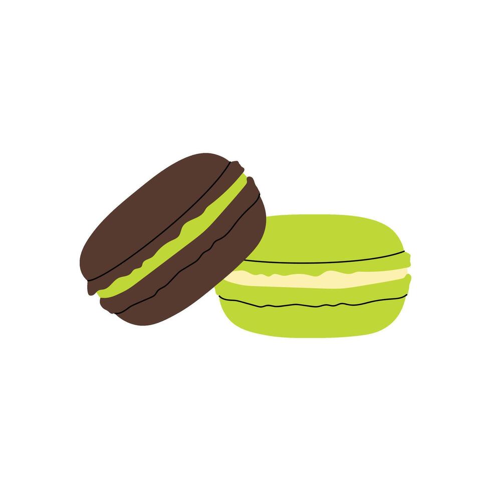 Macaroon. Two sweet cakes with chocolate and matcha flavors. French dessert. Flat illustration on white background. vector