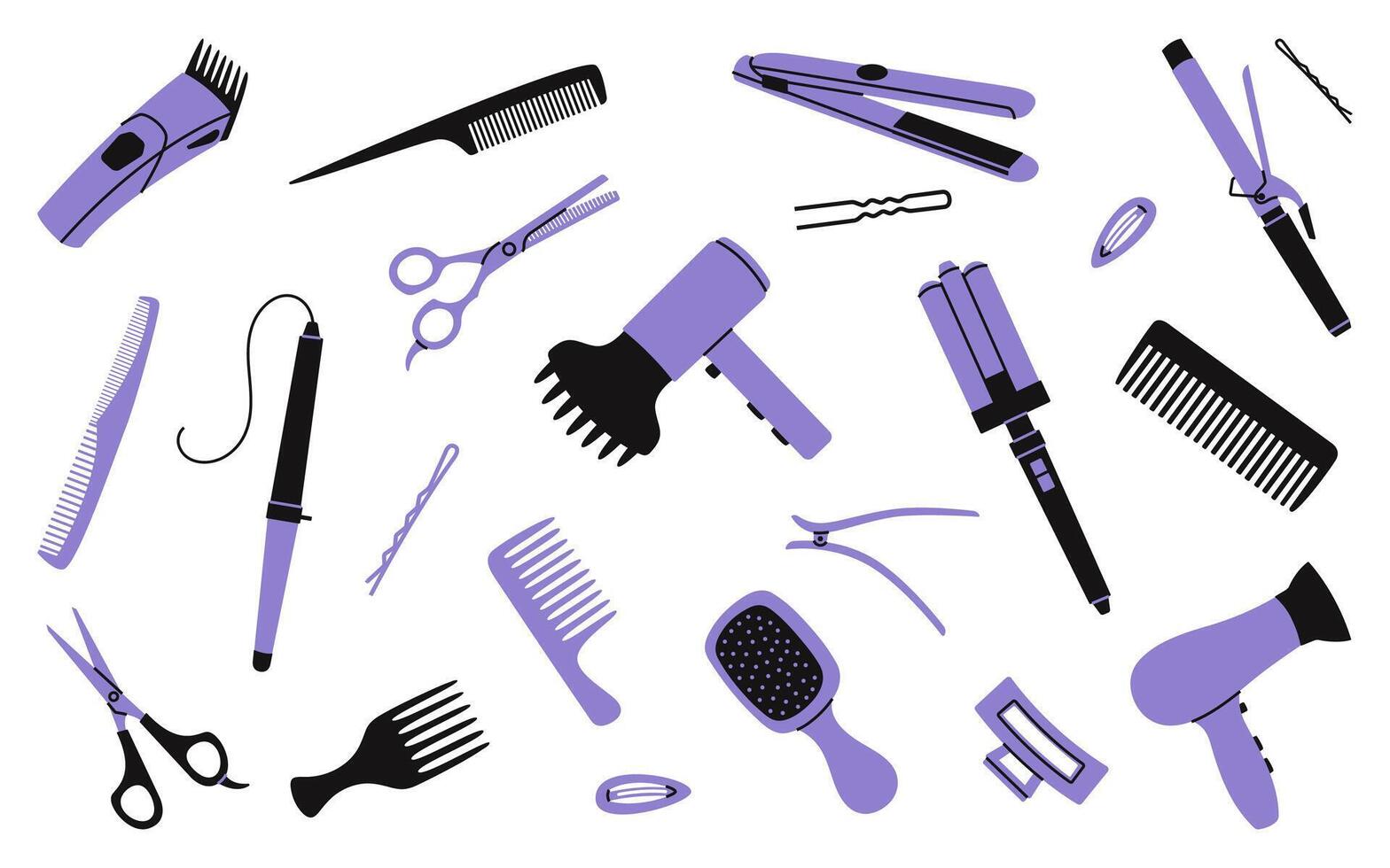 Set of hairdressing and hair styling tools, including combs, scissors, hairdryers and curling irons vector