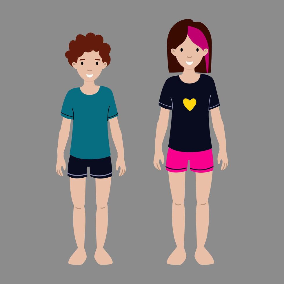 Children dressed in casual summer clothing standing on a plain background vector
