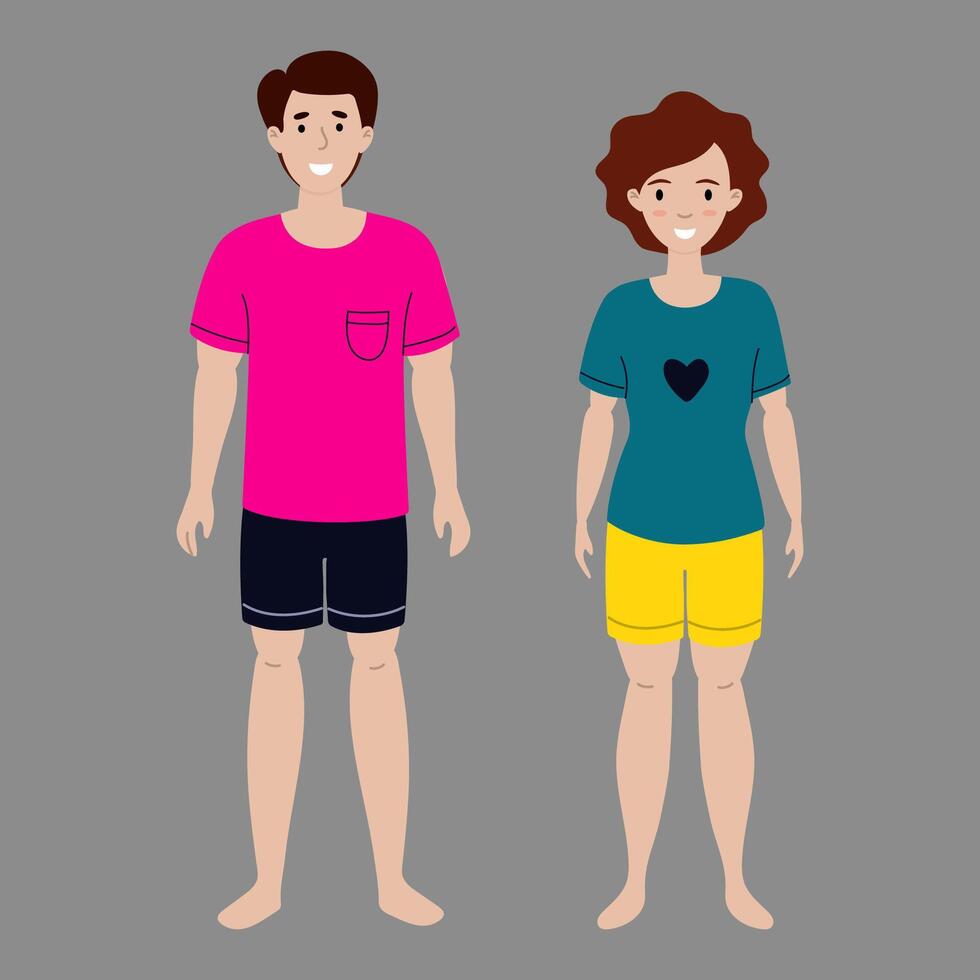 Characters in casual summer clothing standing on a gray background vector