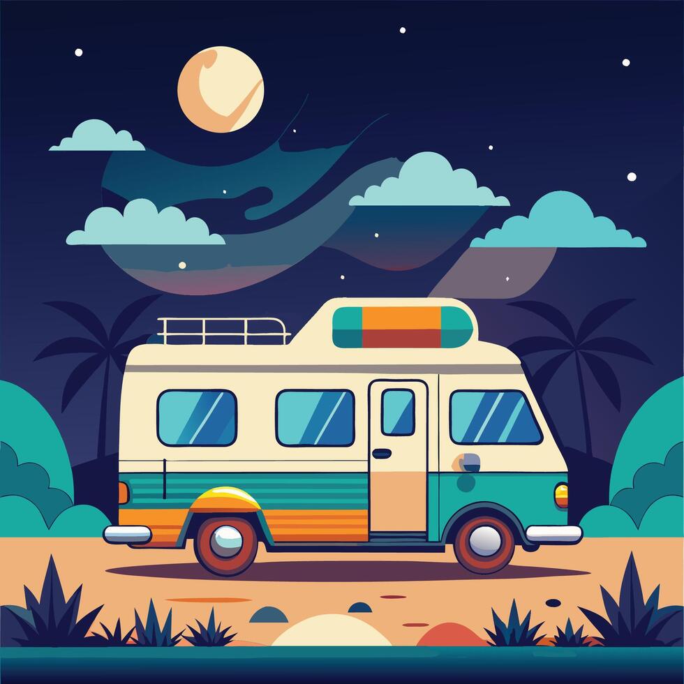 Nighttime Tranquility with a Campervan and Stars vector