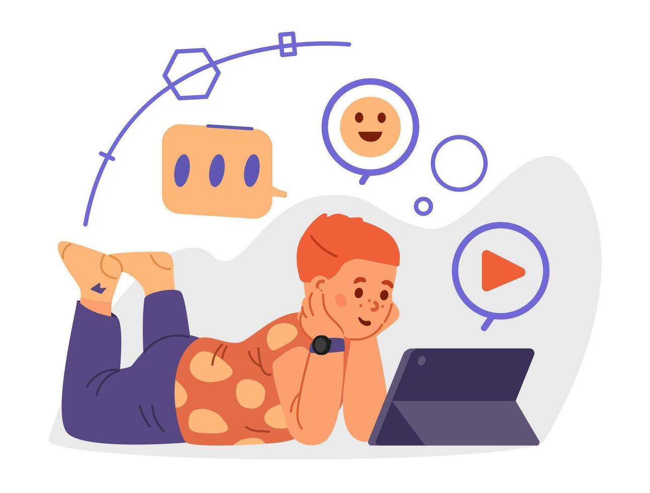 Red hair boy laying on the floor watching on tablet flat illustration with icons and symbols. vector