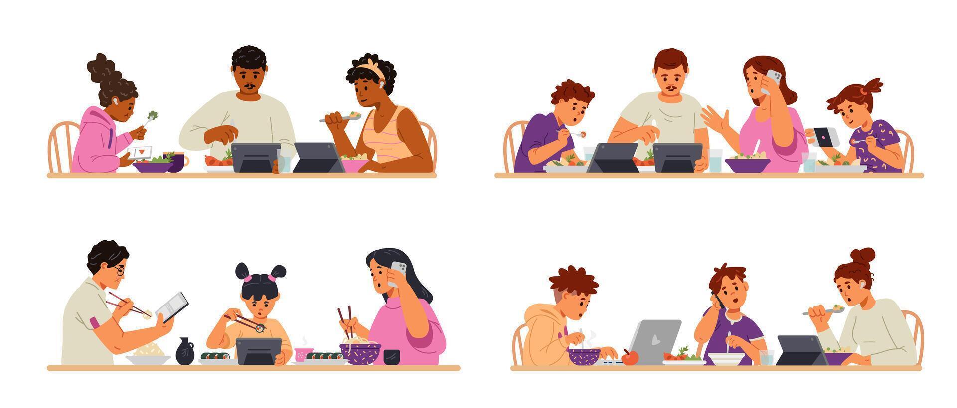 Different families eating and using gadgets at the table flat illustrations set isolated on white. Gadget-addicted families of different ethnicities at dinner. vector