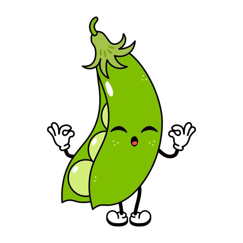 Peas doing yoga character. hand drawn traditional cartoon vintage, retro, kawaii character illustration icon. Isolated on white background. Peas character vector