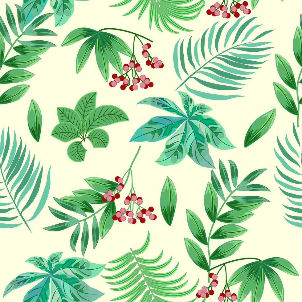 Seamless pattern with red berries and tropical leaves of palm tree. Botany background vector