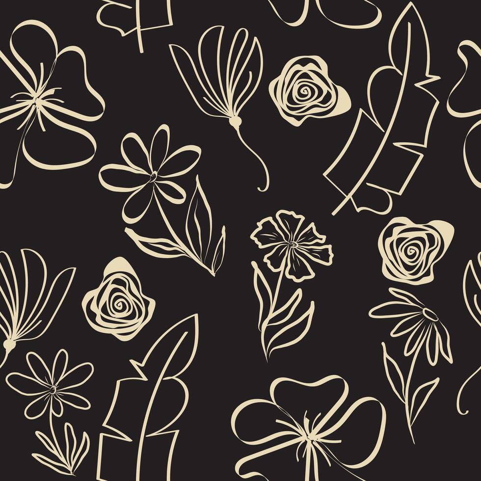 seamless pattern with abstract beige flowers on black, hand drawn shapes and line-art. Contour drawing, botanical element, floral background for textile vector