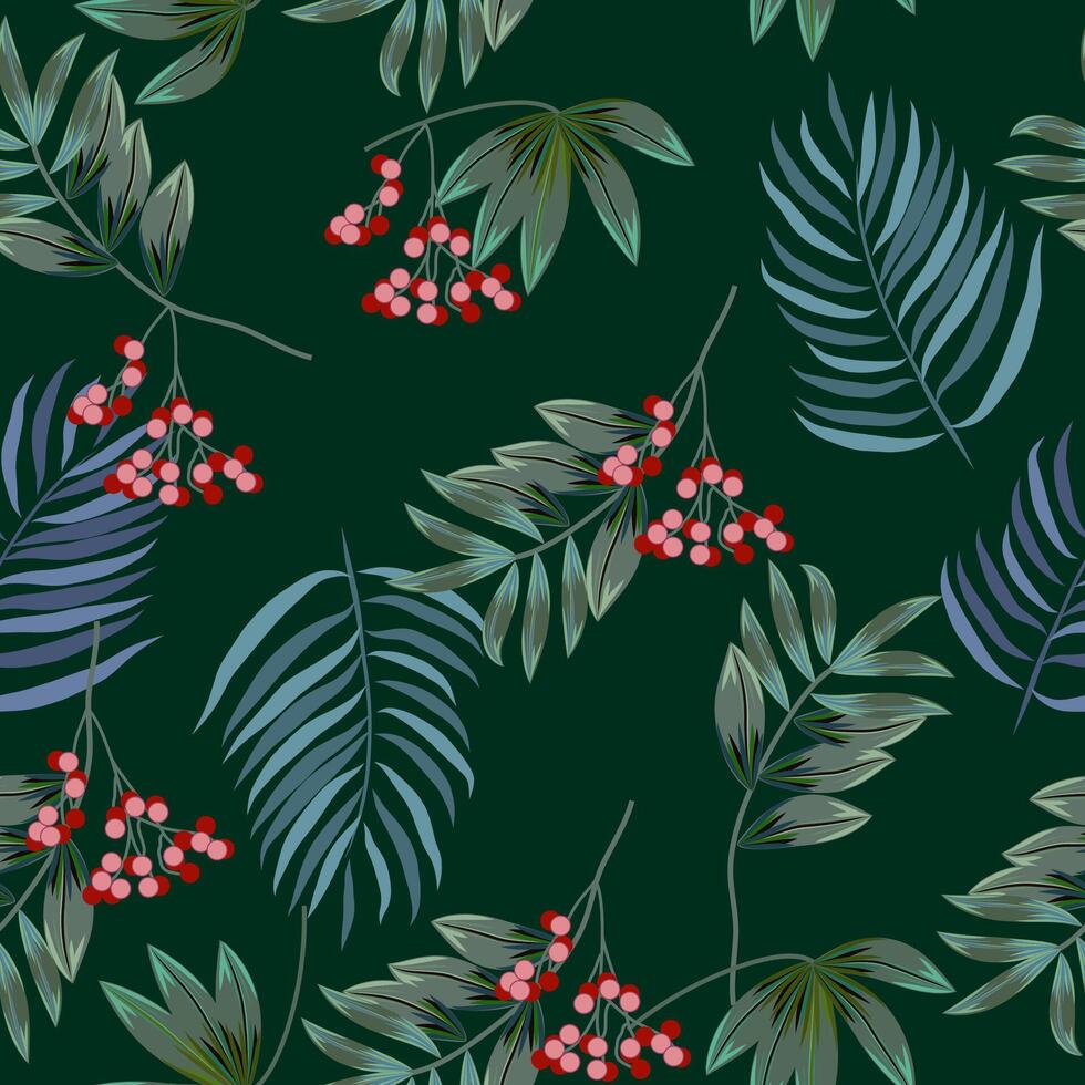 Seamless pattern with red berries and tropical leaves of palm tree on dark background. Botany background vector