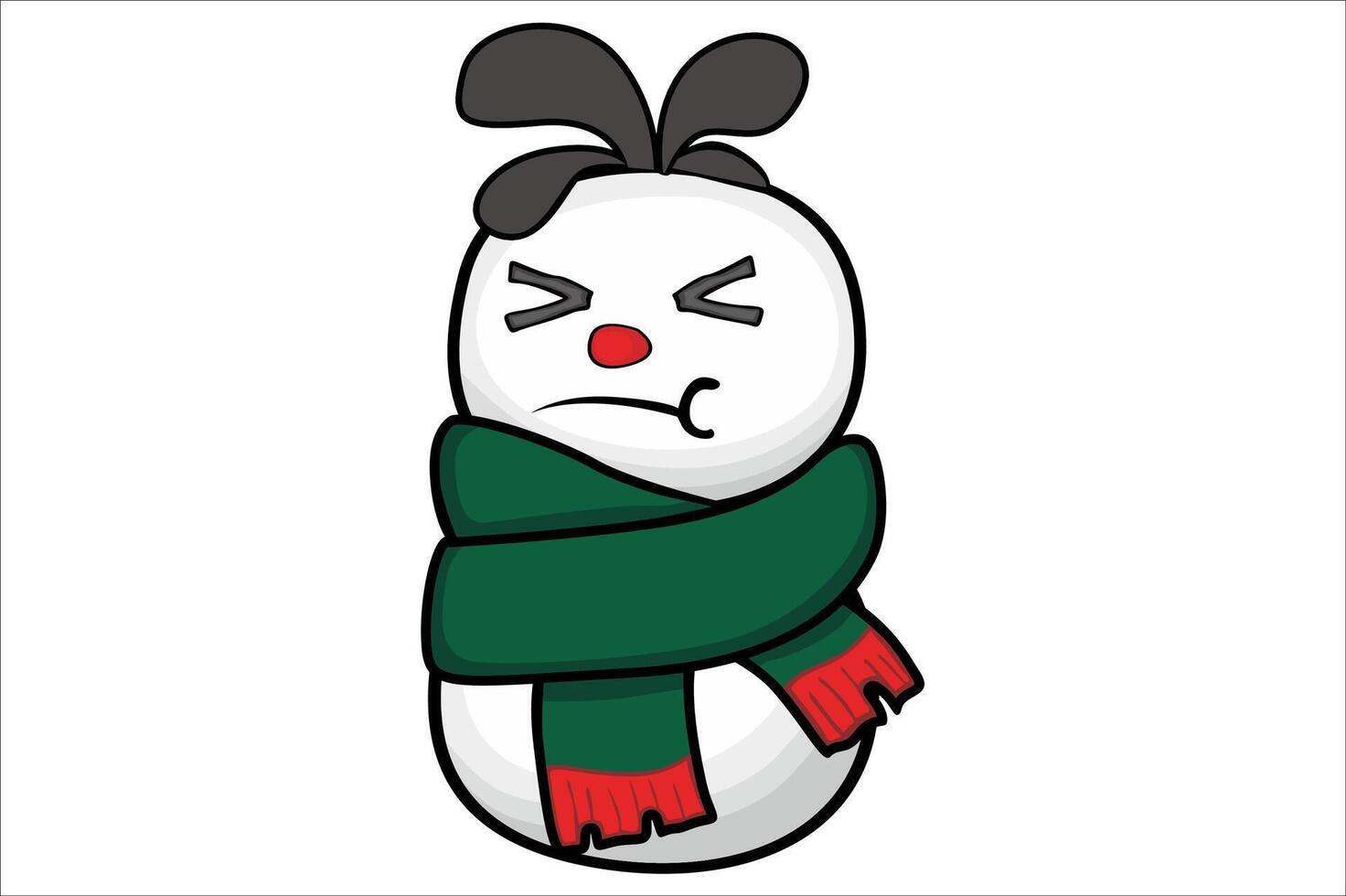 Adorable Snowman sullen face wearing green scarf vector