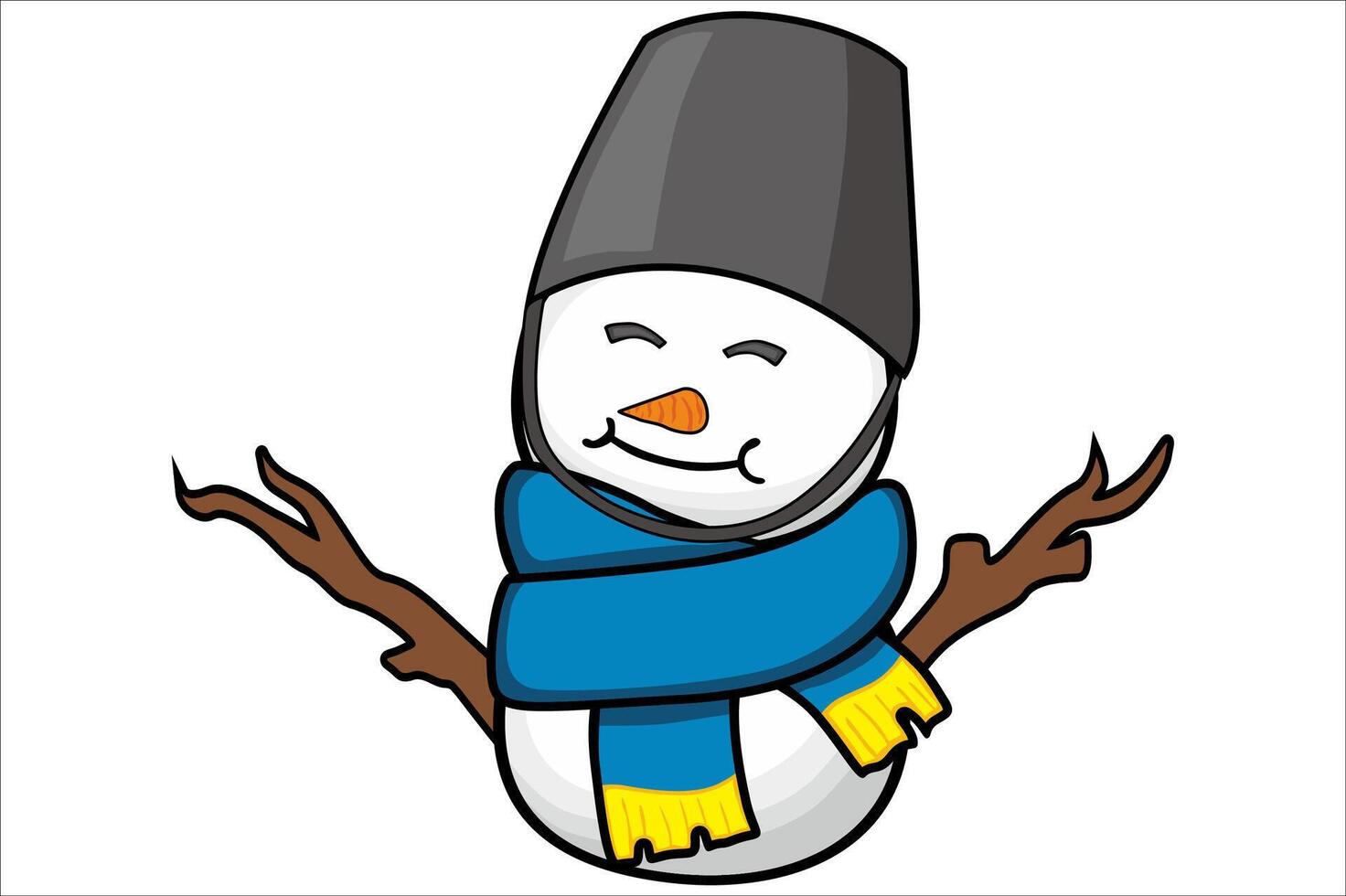 Snowman with his smiling face wearing blue scarf and bucket helmet vector