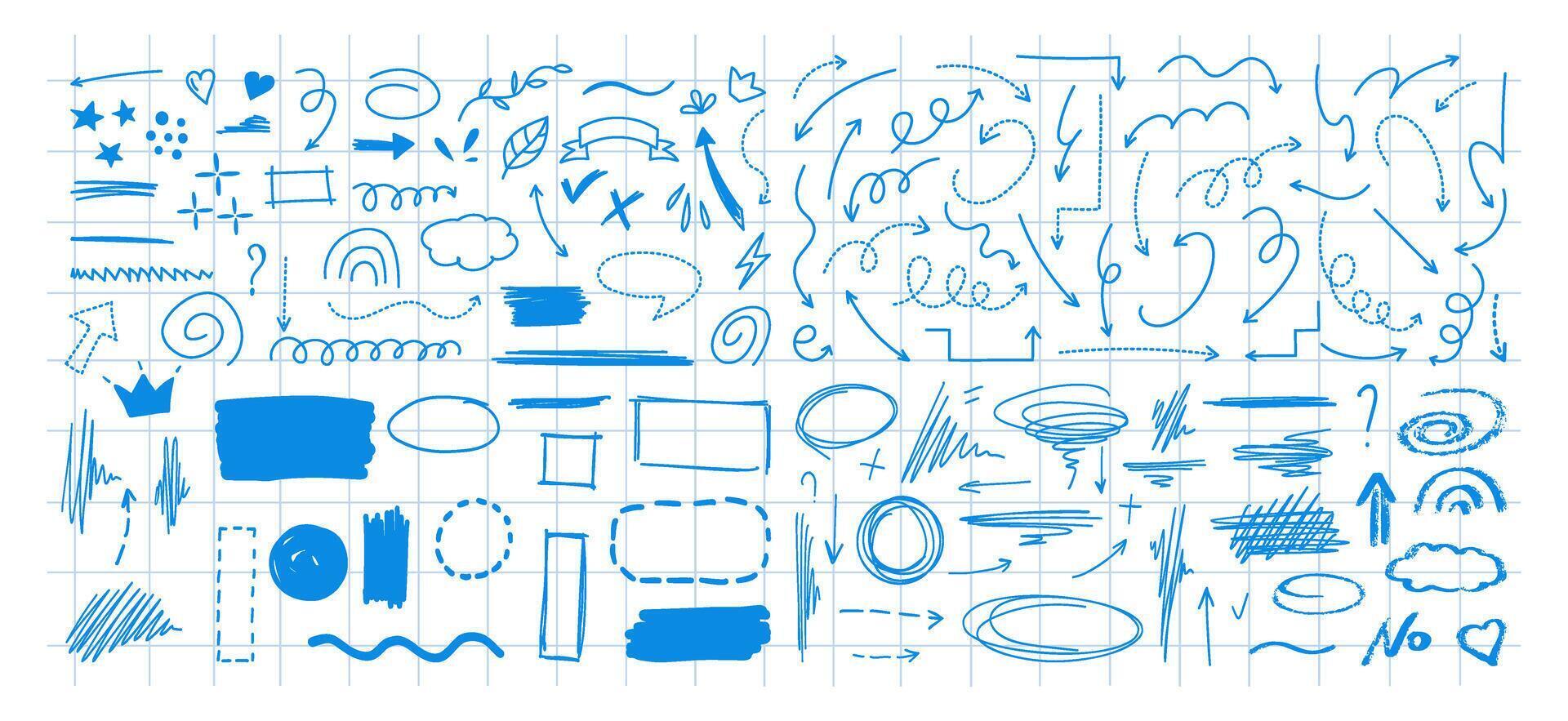 Hand-drawn doodle sketch elements on blue checkered background vector