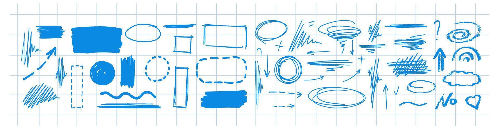 Hand-drawn sketch doodle elements on blue checkered background vector