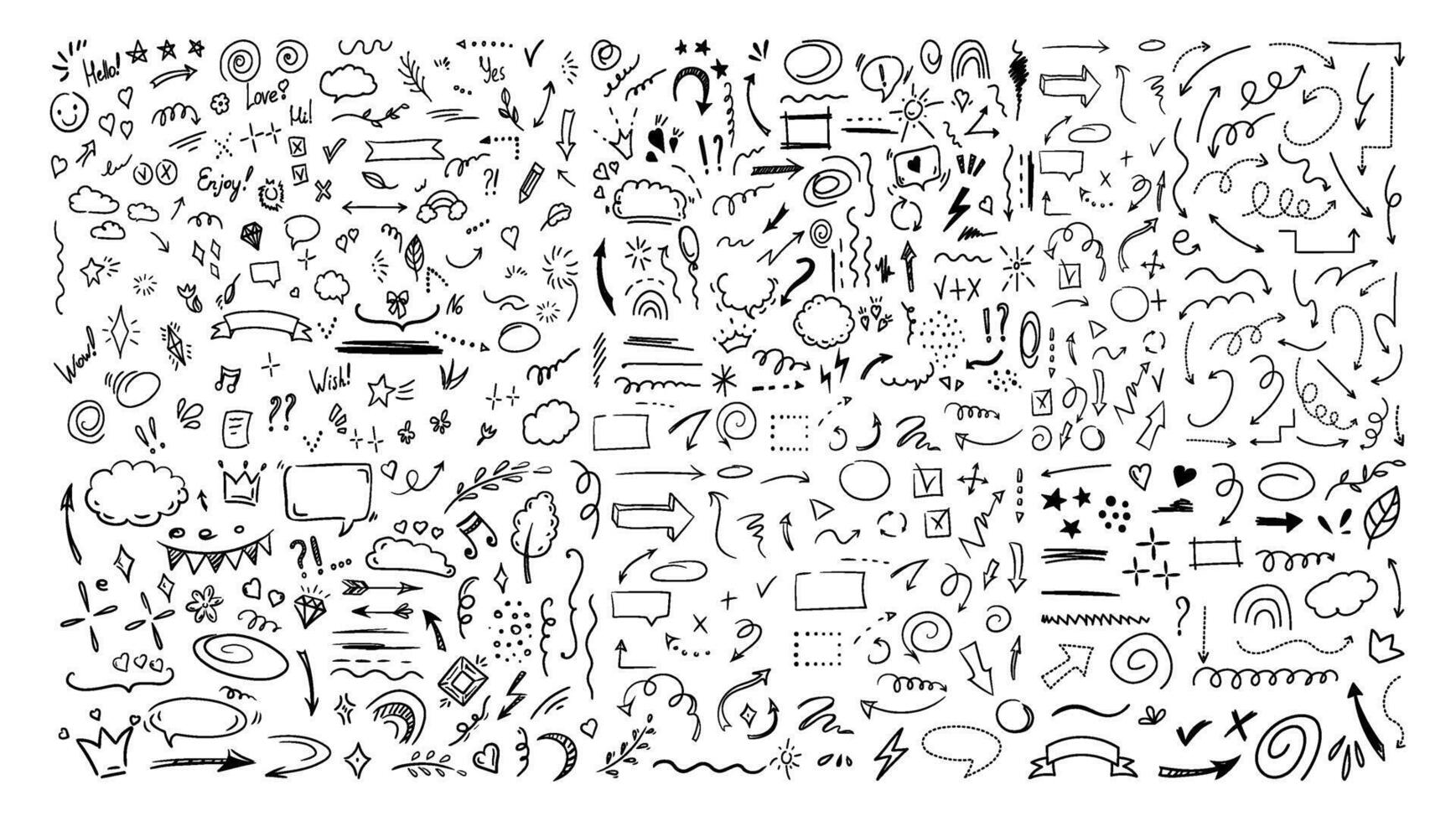 Simple sketch line style elements. Doodle cute ink pen line elements isolated on white background. Doodle arrow, heart, star, decoration symbol, icon set. vector
