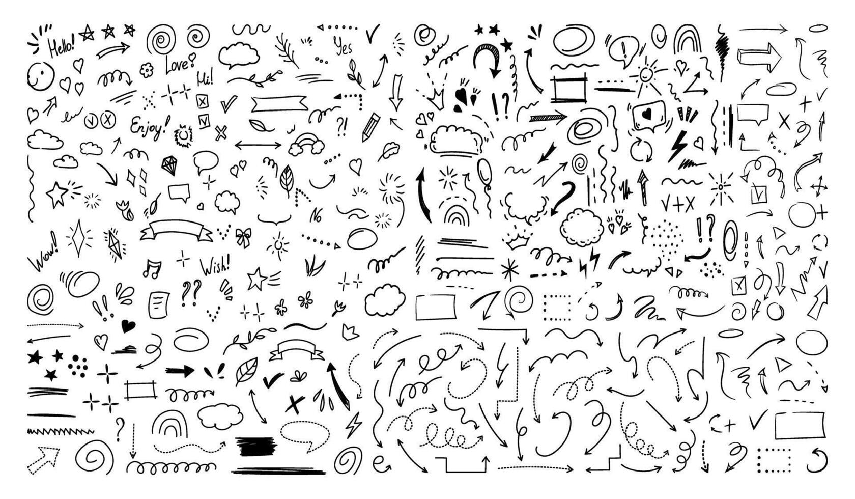 Simple sketch line style elements. Doodle cute ink pen line elements isolated on white background. Doodle arrow, heart, star vector
