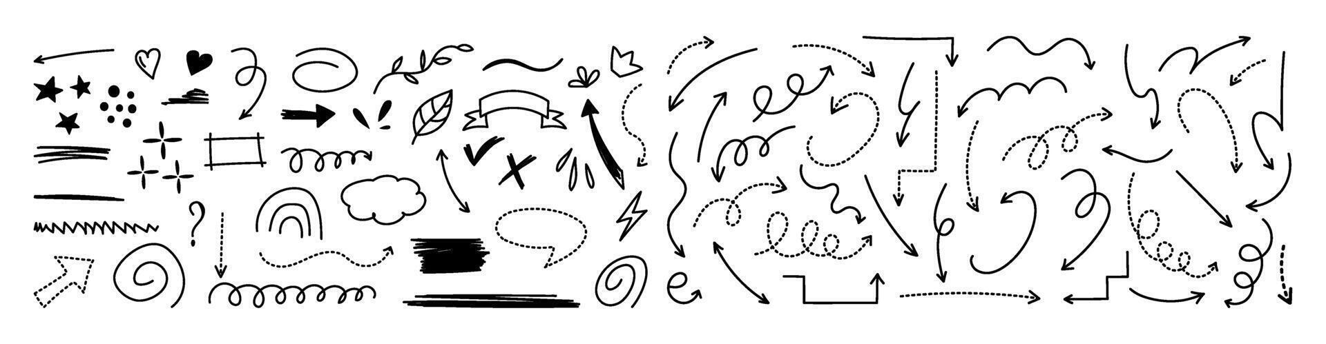 Hand-drawn sketch doodle elements with arrows, hearts, and shapes vector