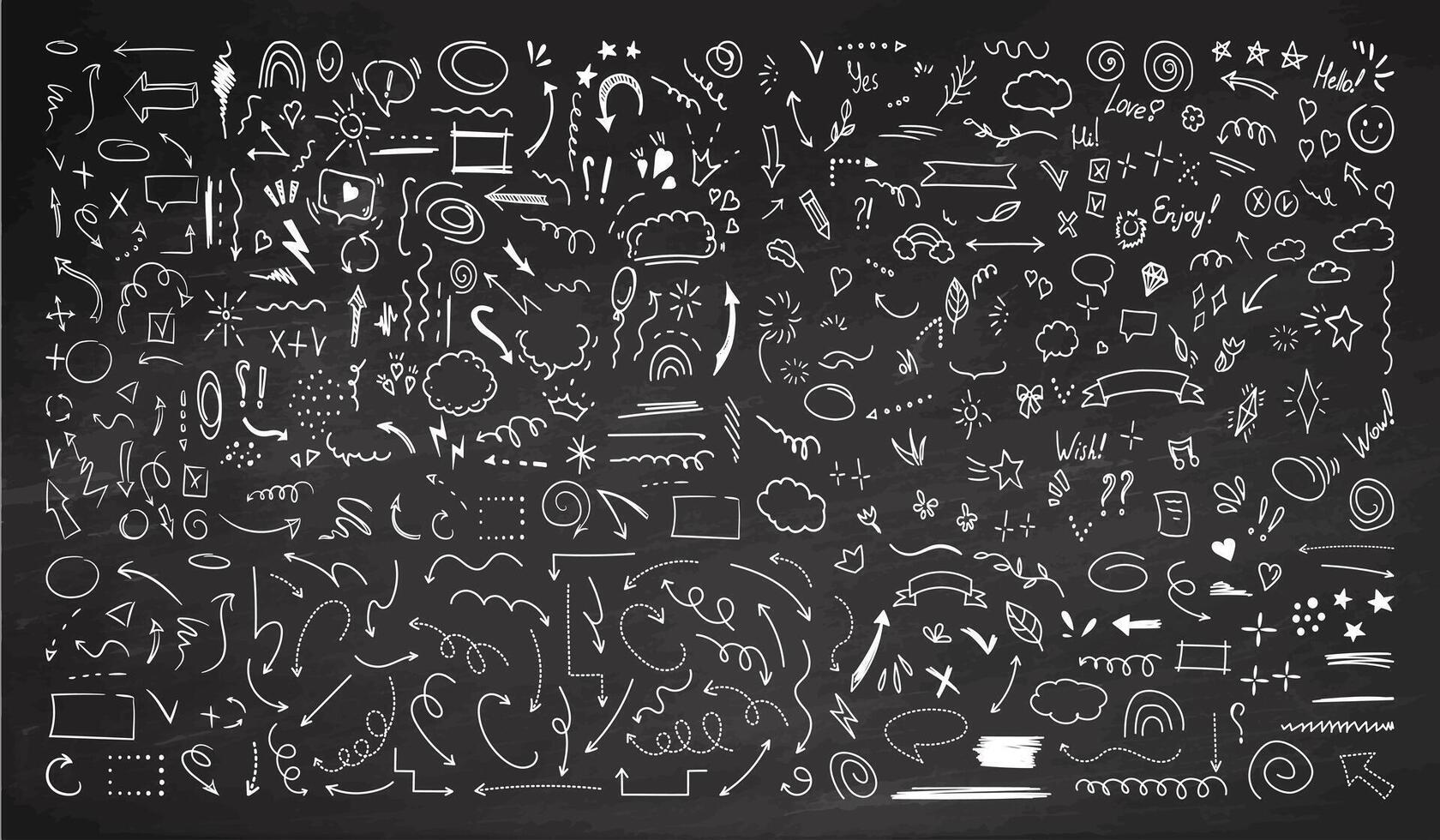 Simple sketch line style elements. Doodle cute ink pen line elements isolated on white background. Doodle arrow, heart, star, decoration symbol, icon set on chalk vector