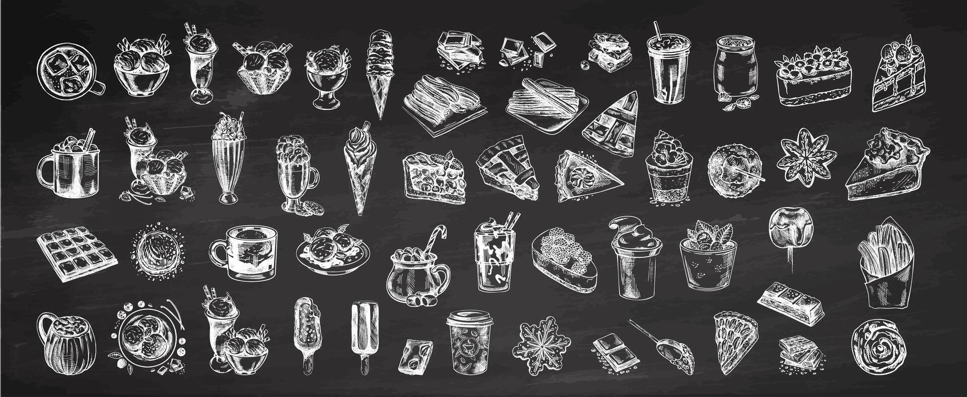Hand-drawn vintage sweets and desserts on chalkboard background for labels, vector
