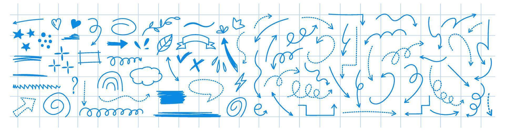 Sketch doodle arrows and symbols on blue checkered background vector