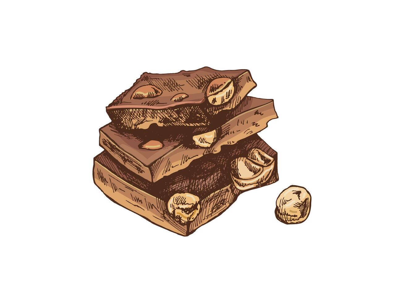 Stack of handmade colored chocolate sketch of pieces with nuts vintage style vector