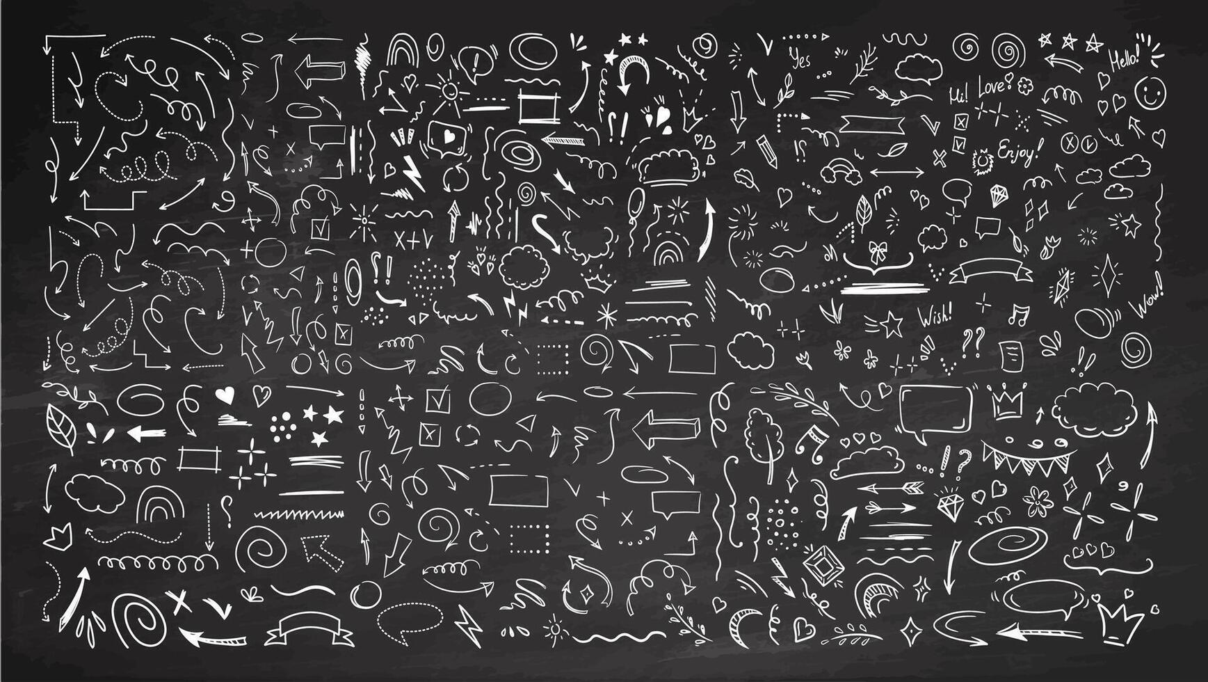 Simple sketch line style elements. Doodle cute ink pen line elements isolated on white background. Doodle arrow, heart, star, decoration symbol, icon set on chalkboard background vector