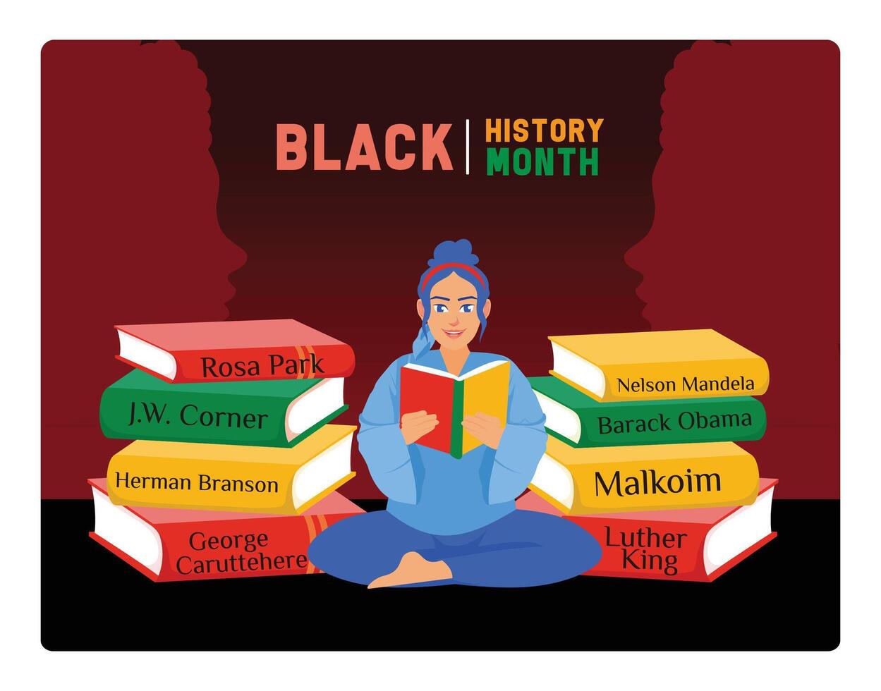 A girl is reading a book about an African-American inspirational figure. vector