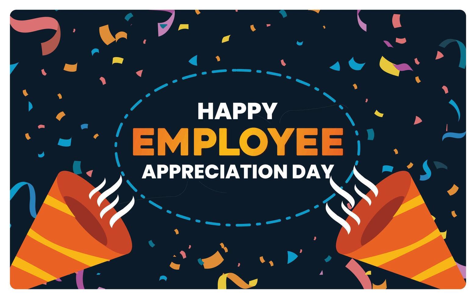 Employee Appreciation Day celebration with confetti and trumpets. vector