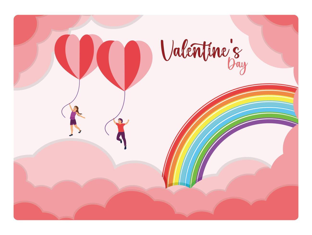 Valentine's Day greeting card with bright heart and rainbow balloons. vector