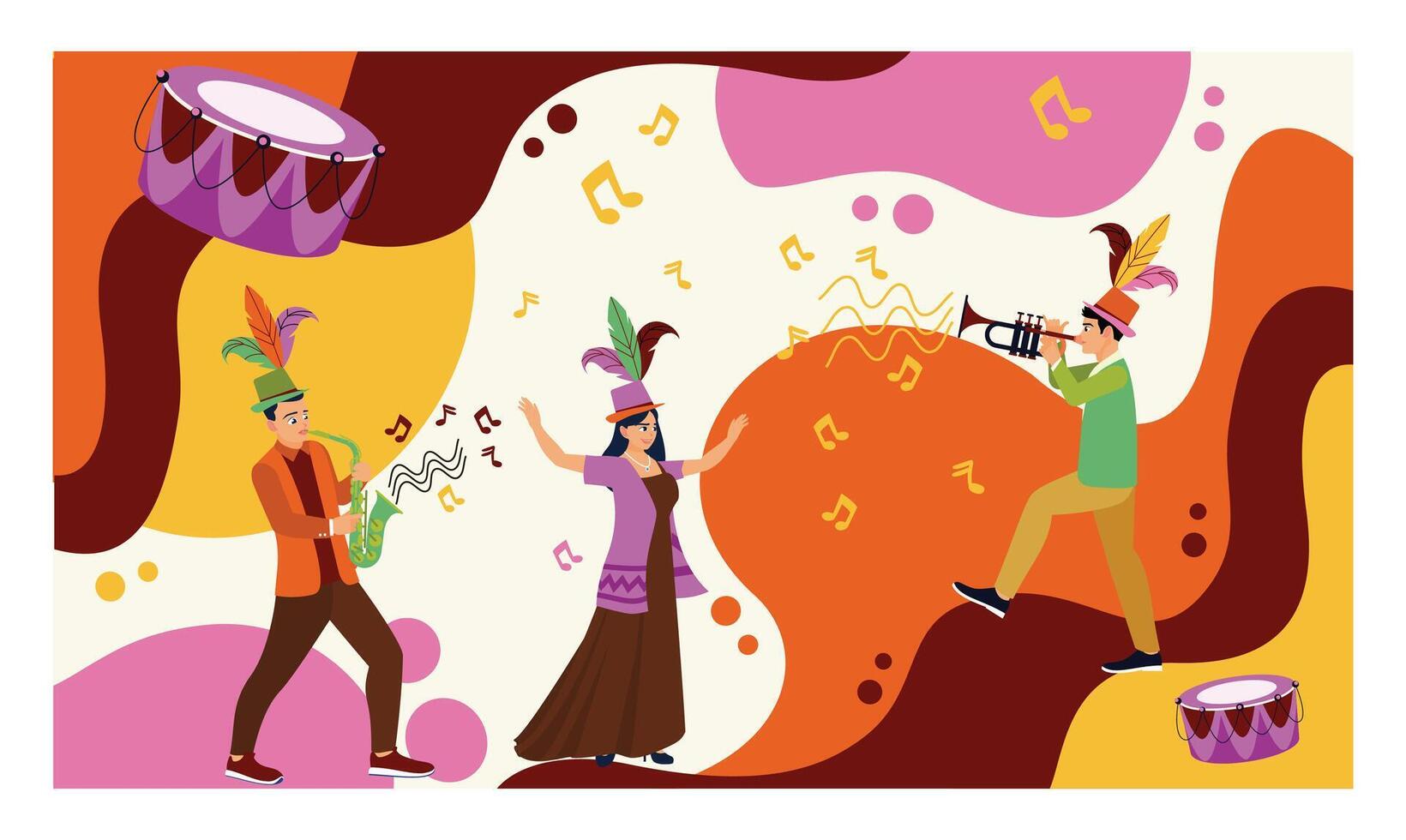 Carnival party with Samba dancers and musical instruments with abstract patterns. vector