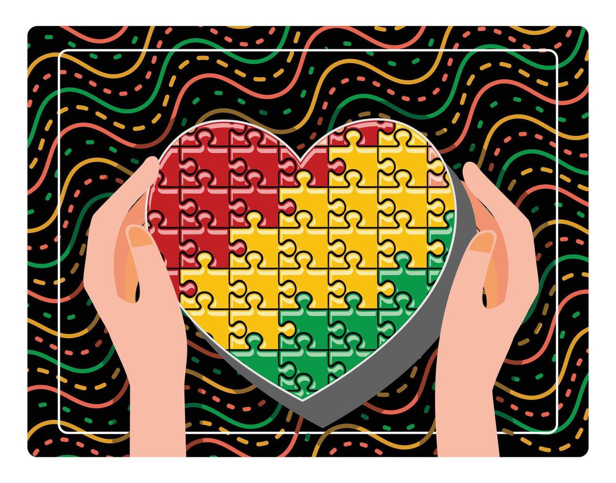 Hand holding a heart-shaped puzzle with colorful pieces. vector