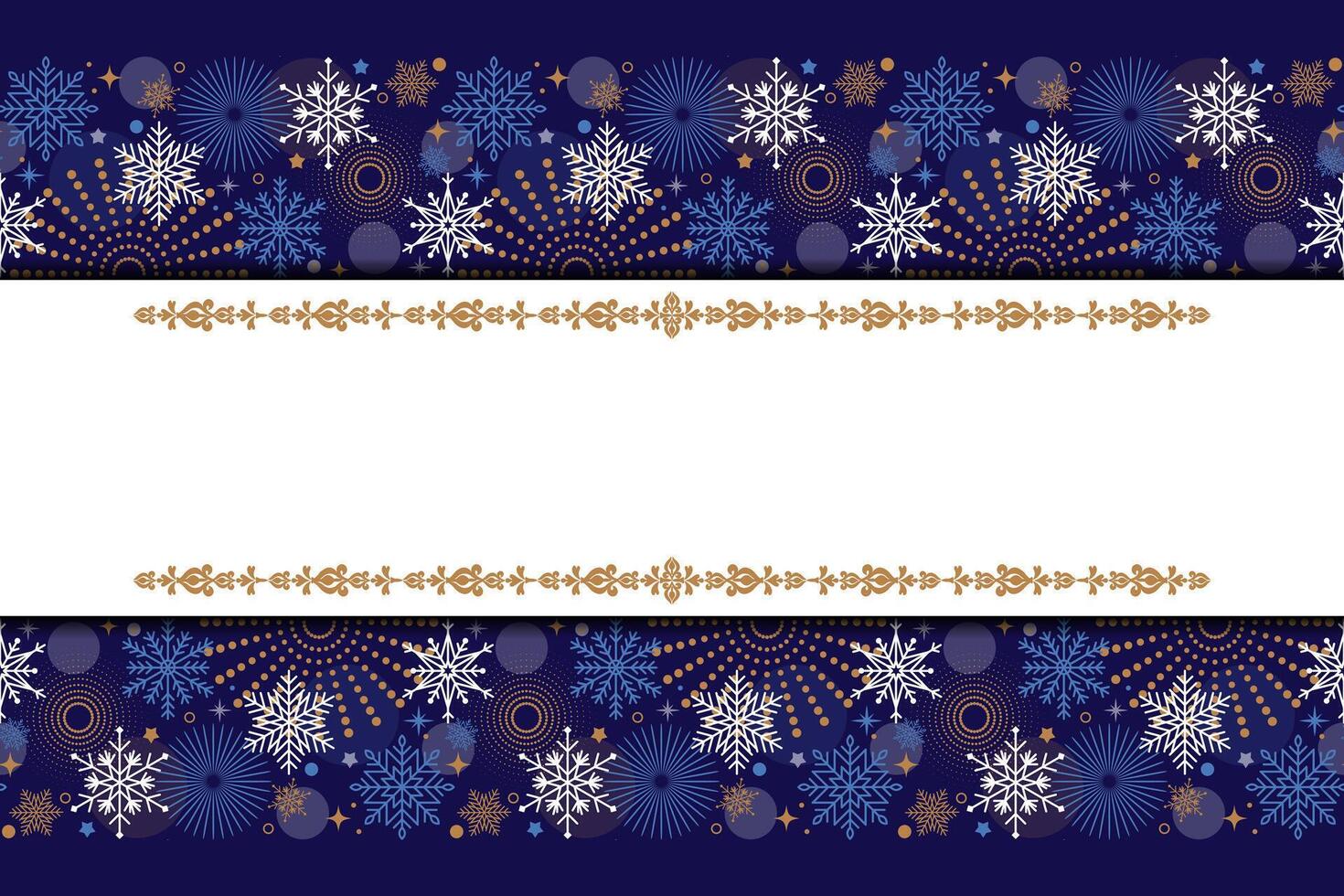 Holiday horizontal banner template with seamless border of snowflakes and copy space. Elegant Christmas ornament with snowflakes, stars and fireworks. Winter design for greeting cards and invitations. vector