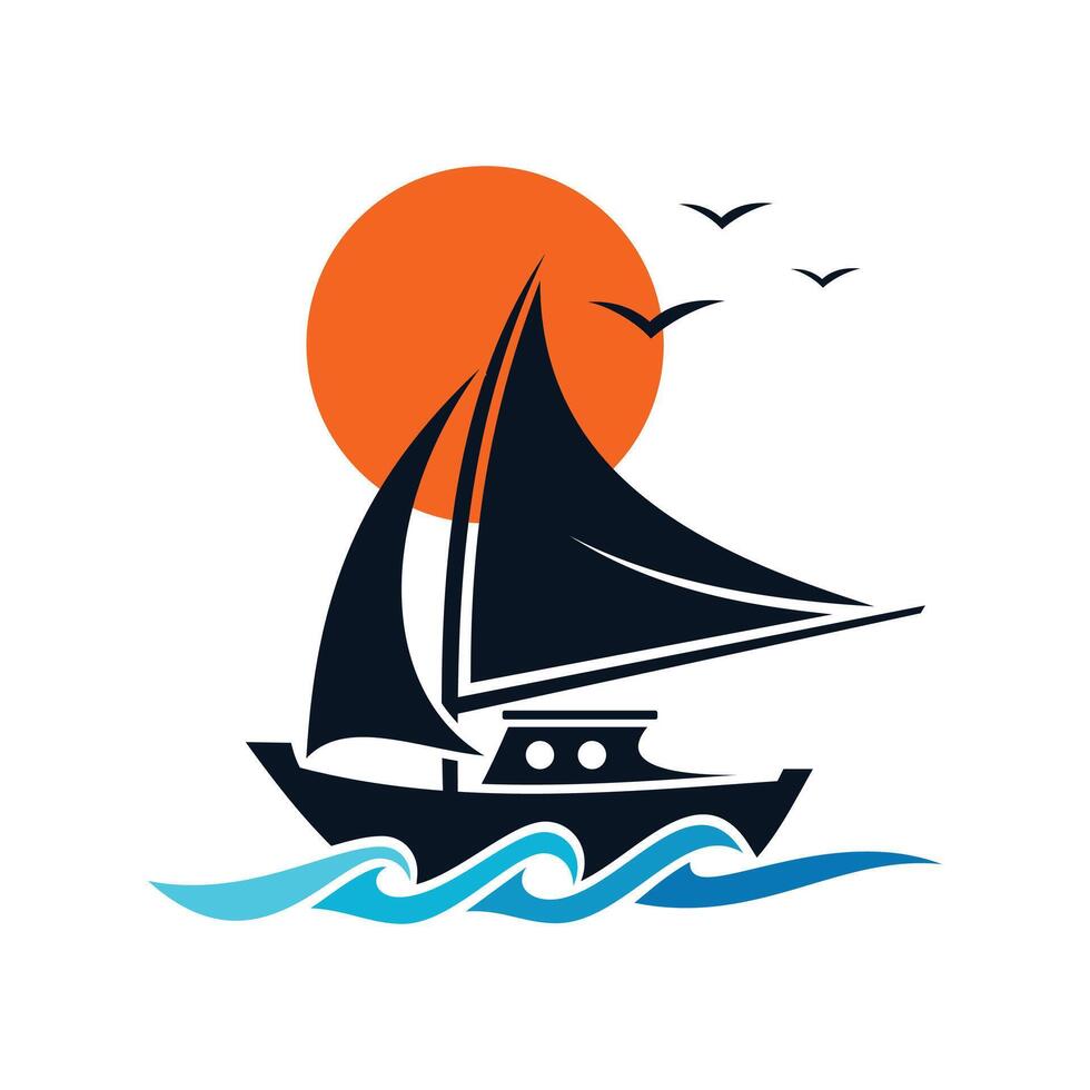Ship Sailboat logo with abstract wave brand identity for boating business vector
