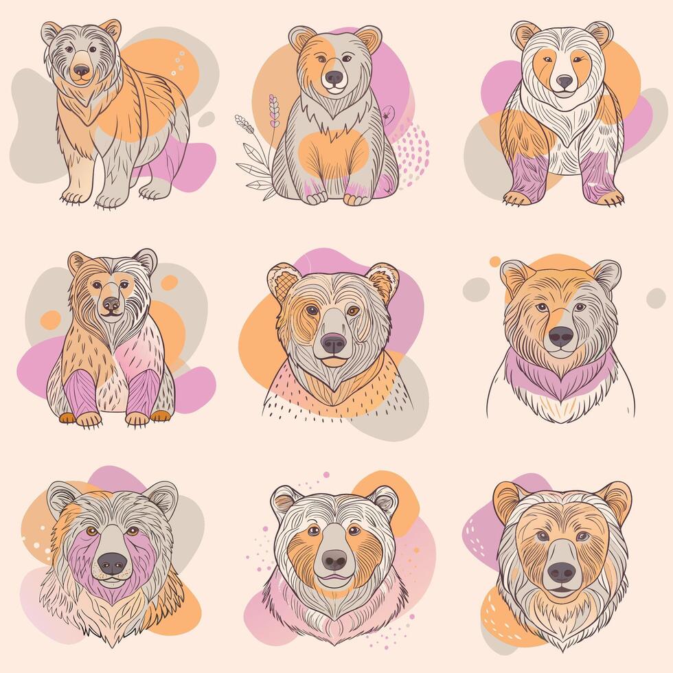 Hand draw illusrtaion pink Cartoon set of brown grizzly bear, isolated on background. Flat design collection vector