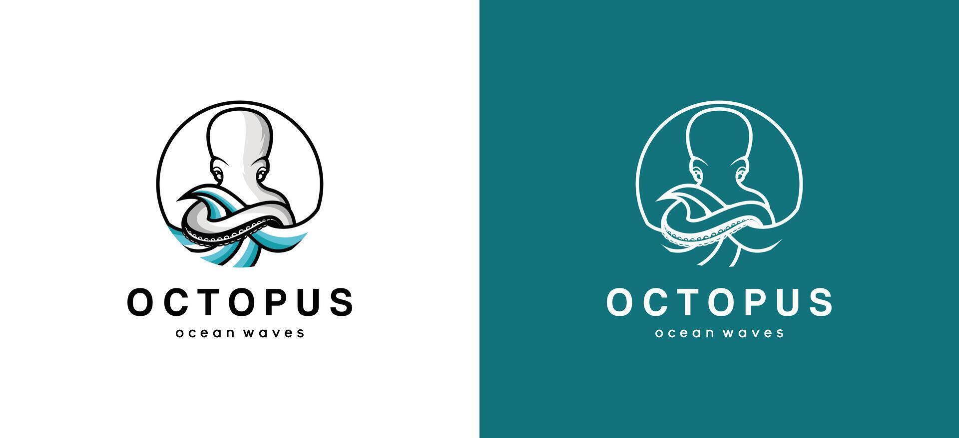 Ocean logo design with octopus tentacles hugging waves illustration vector